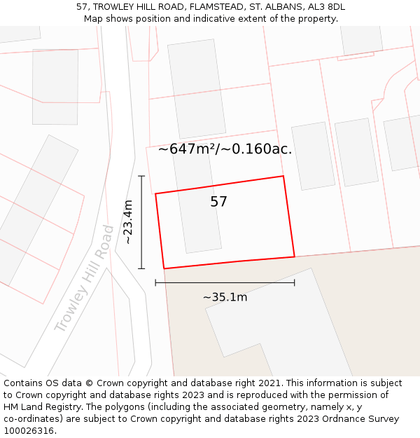 57, TROWLEY HILL ROAD, FLAMSTEAD, ST. ALBANS, AL3 8DL: Plot and title map