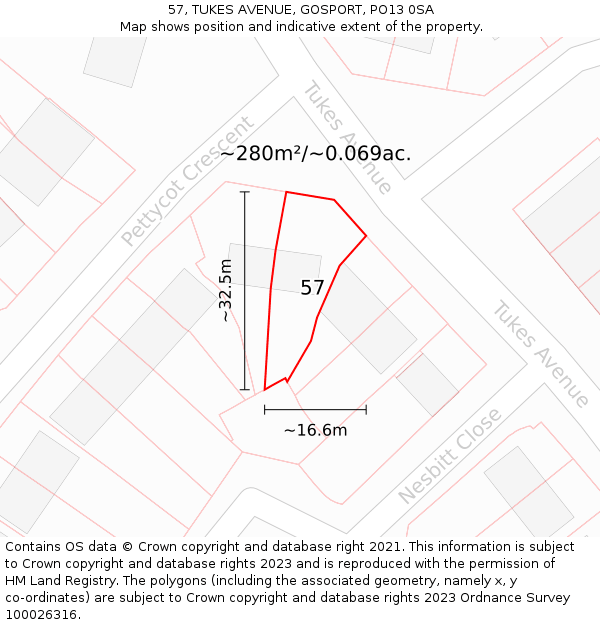57, TUKES AVENUE, GOSPORT, PO13 0SA: Plot and title map
