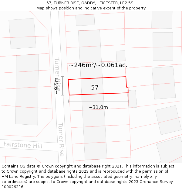 57, TURNER RISE, OADBY, LEICESTER, LE2 5SH: Plot and title map