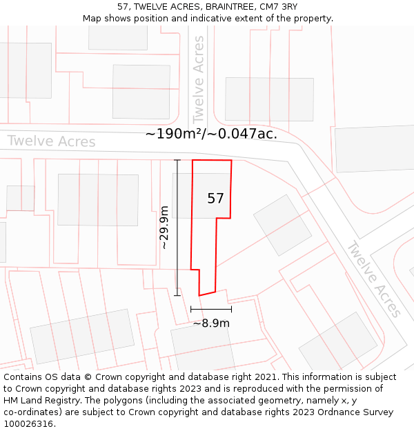57, TWELVE ACRES, BRAINTREE, CM7 3RY: Plot and title map