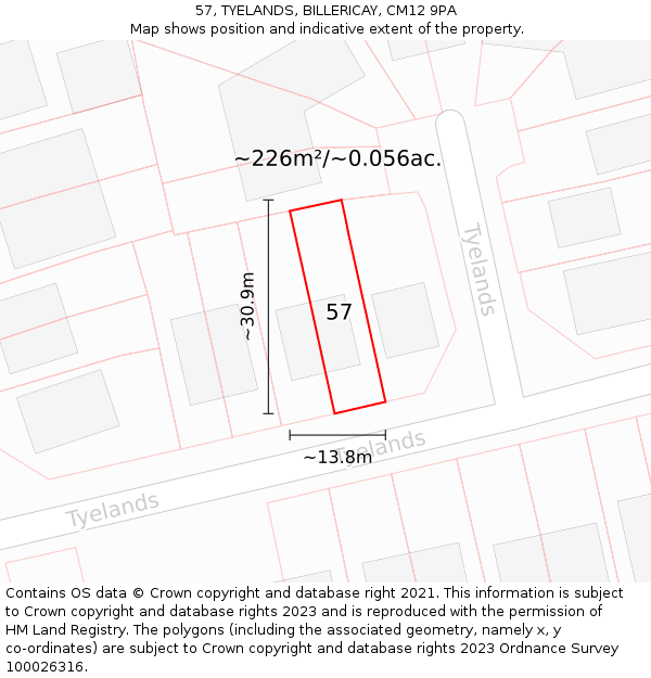 57, TYELANDS, BILLERICAY, CM12 9PA: Plot and title map
