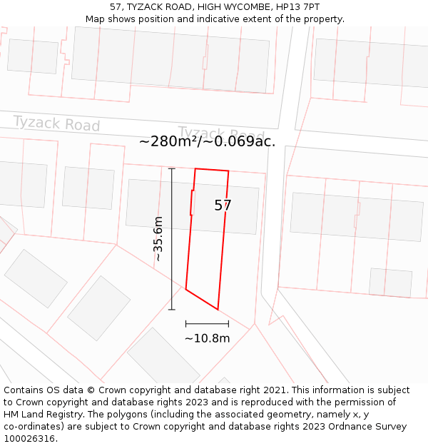 57, TYZACK ROAD, HIGH WYCOMBE, HP13 7PT: Plot and title map