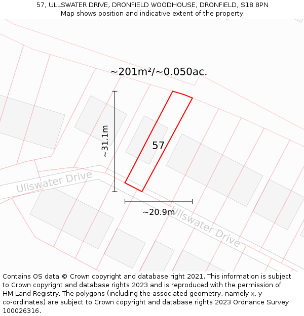 57, ULLSWATER DRIVE, DRONFIELD WOODHOUSE, DRONFIELD, S18 8PN: Plot and title map