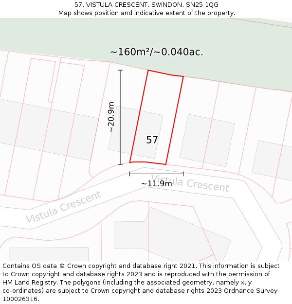 57, VISTULA CRESCENT, SWINDON, SN25 1QG: Plot and title map