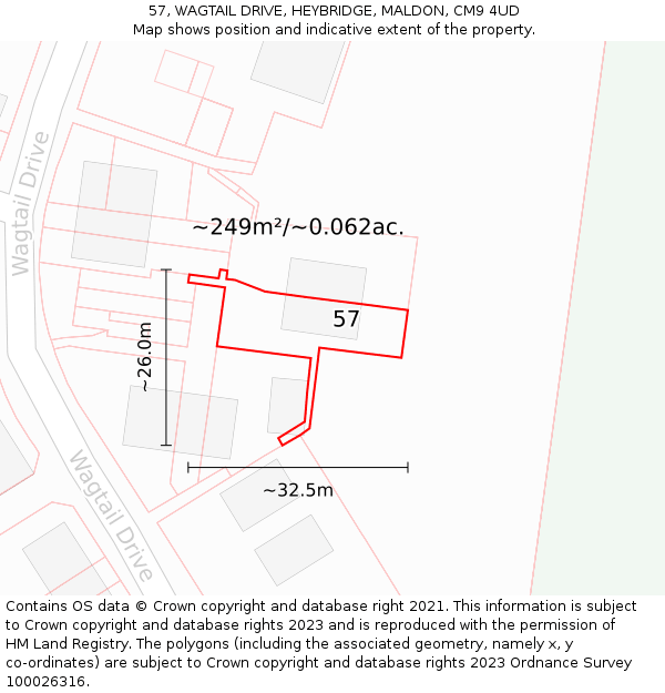 57, WAGTAIL DRIVE, HEYBRIDGE, MALDON, CM9 4UD: Plot and title map