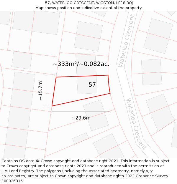 57, WATERLOO CRESCENT, WIGSTON, LE18 3QJ: Plot and title map