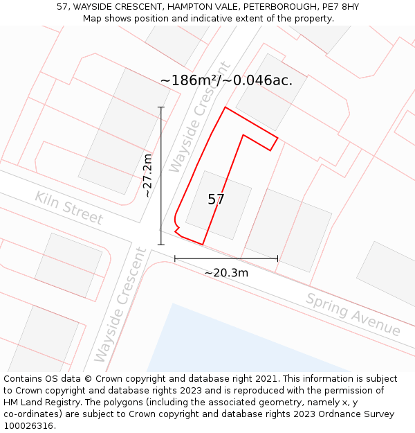 57, WAYSIDE CRESCENT, HAMPTON VALE, PETERBOROUGH, PE7 8HY: Plot and title map