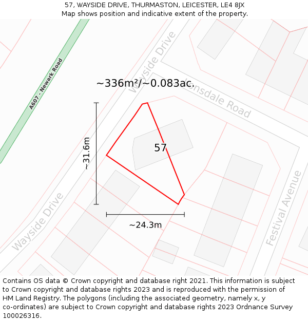 57, WAYSIDE DRIVE, THURMASTON, LEICESTER, LE4 8JX: Plot and title map