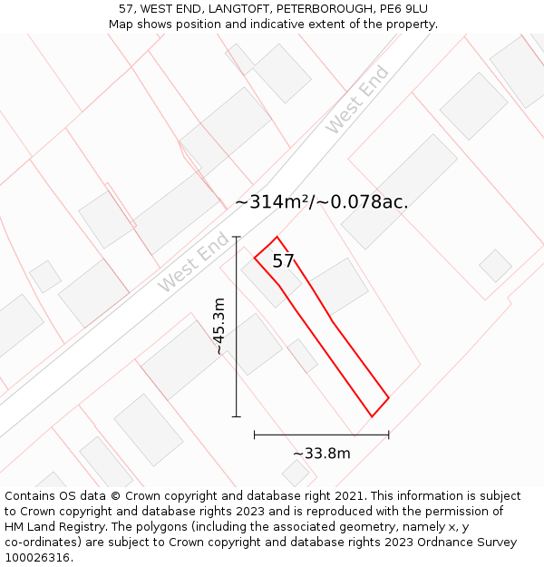 57, WEST END, LANGTOFT, PETERBOROUGH, PE6 9LU: Plot and title map