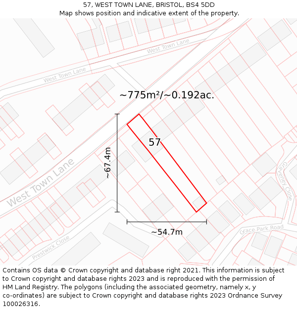57, WEST TOWN LANE, BRISTOL, BS4 5DD: Plot and title map