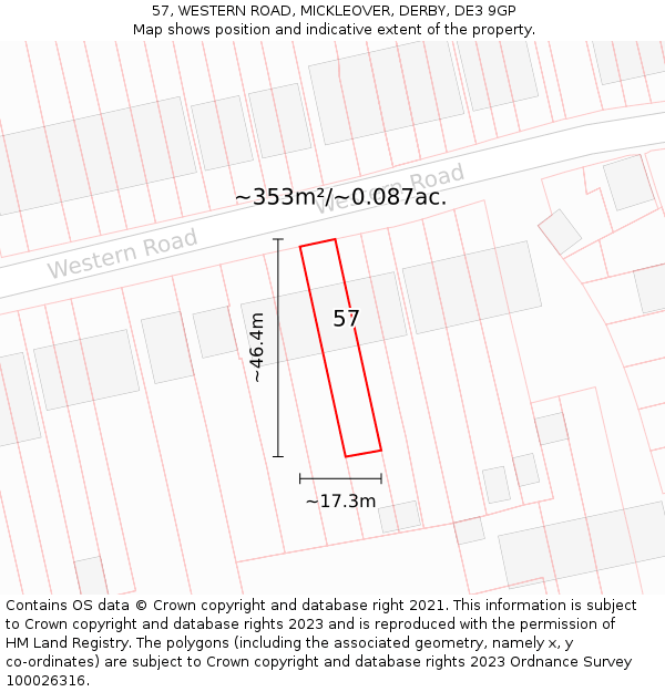 57, WESTERN ROAD, MICKLEOVER, DERBY, DE3 9GP: Plot and title map