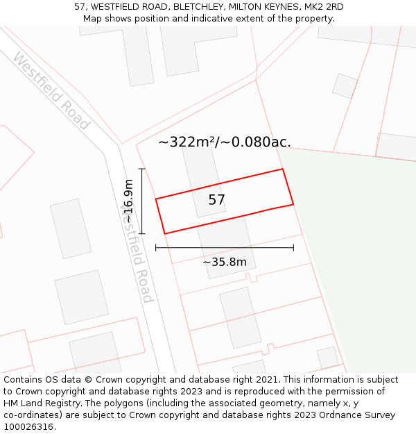 57, WESTFIELD ROAD, BLETCHLEY, MILTON KEYNES, MK2 2RD: Plot and title map