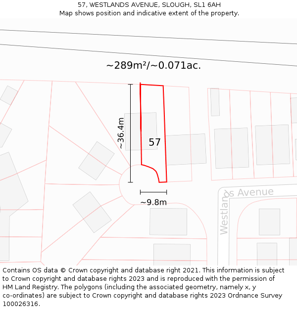 57, WESTLANDS AVENUE, SLOUGH, SL1 6AH: Plot and title map