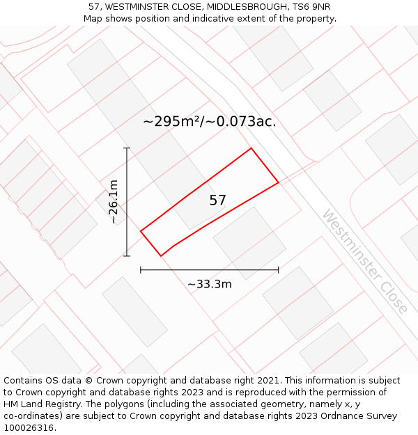 57, WESTMINSTER CLOSE, MIDDLESBROUGH, TS6 9NR: Plot and title map