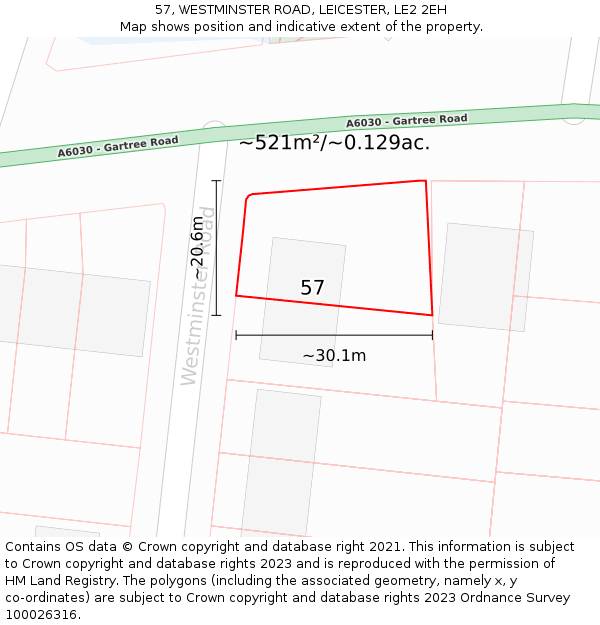57, WESTMINSTER ROAD, LEICESTER, LE2 2EH: Plot and title map