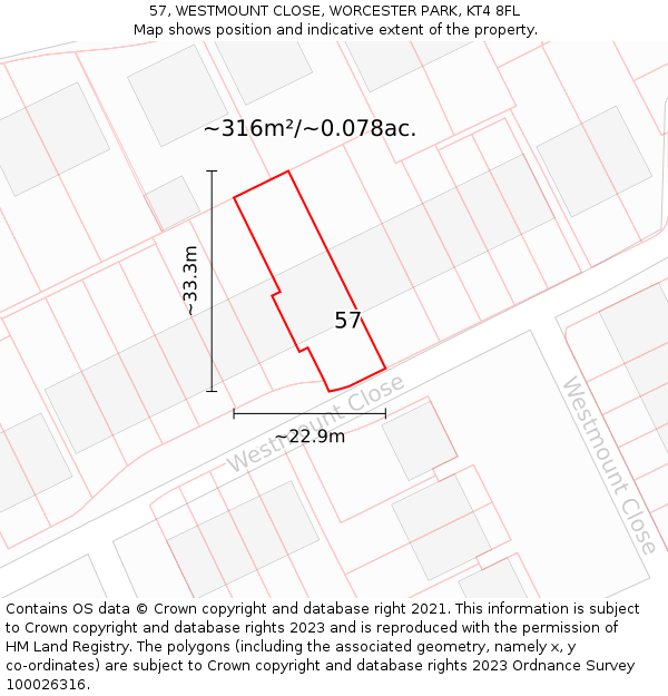 57, WESTMOUNT CLOSE, WORCESTER PARK, KT4 8FL: Plot and title map