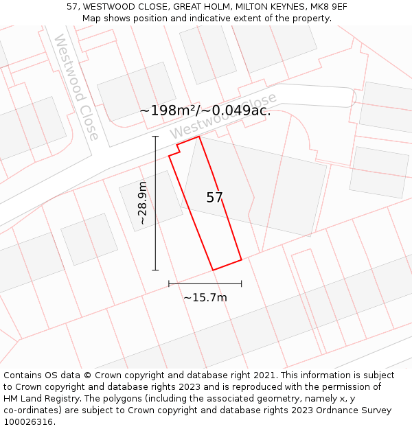 57, WESTWOOD CLOSE, GREAT HOLM, MILTON KEYNES, MK8 9EF: Plot and title map