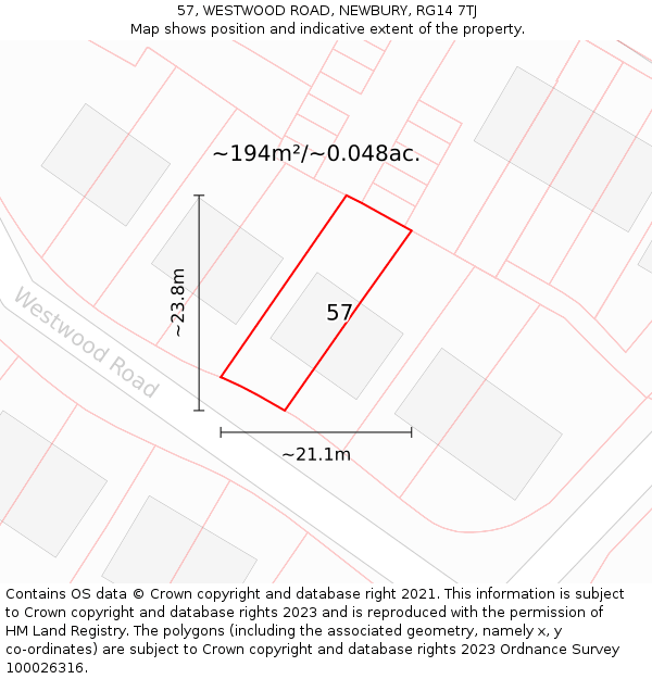 57, WESTWOOD ROAD, NEWBURY, RG14 7TJ: Plot and title map