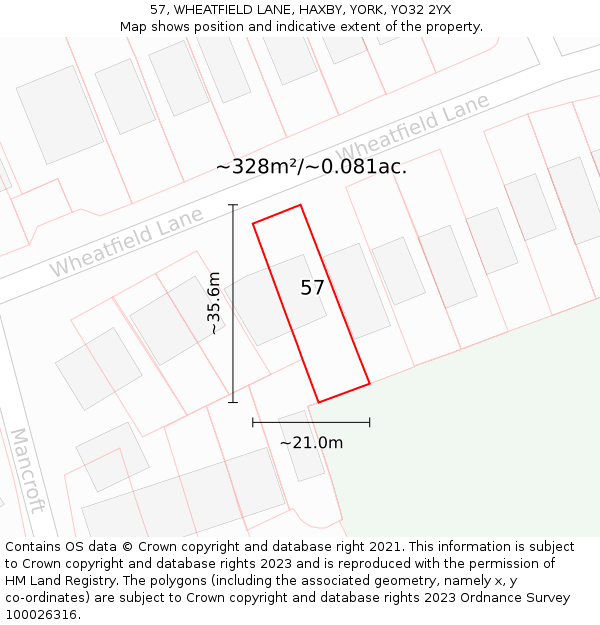 57, WHEATFIELD LANE, HAXBY, YORK, YO32 2YX: Plot and title map
