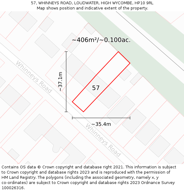 57, WHINNEYS ROAD, LOUDWATER, HIGH WYCOMBE, HP10 9RL: Plot and title map