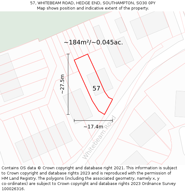 57, WHITEBEAM ROAD, HEDGE END, SOUTHAMPTON, SO30 0PY: Plot and title map