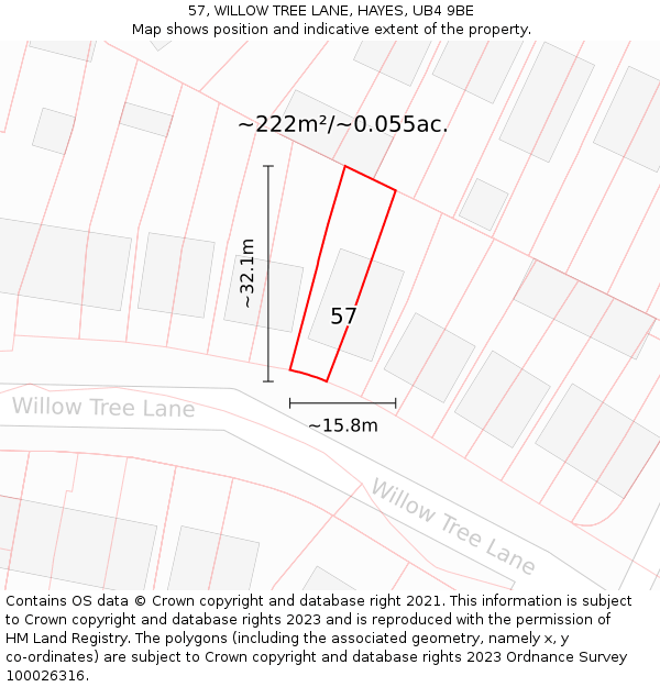 57, WILLOW TREE LANE, HAYES, UB4 9BE: Plot and title map