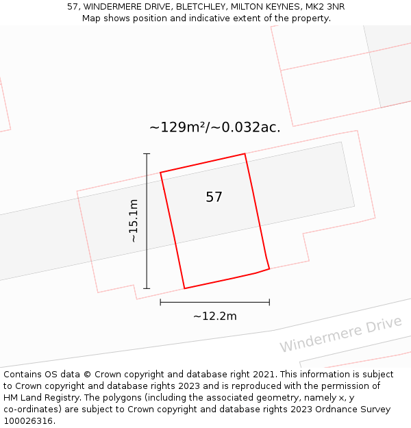 57, WINDERMERE DRIVE, BLETCHLEY, MILTON KEYNES, MK2 3NR: Plot and title map