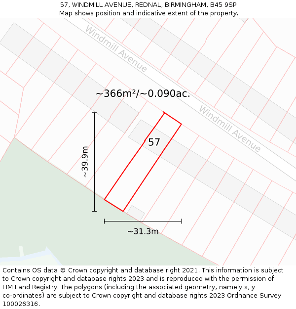 57, WINDMILL AVENUE, REDNAL, BIRMINGHAM, B45 9SP: Plot and title map