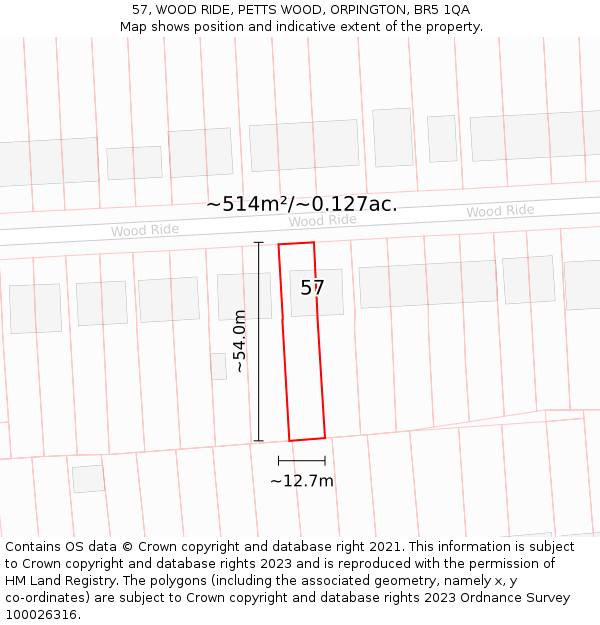 57, WOOD RIDE, PETTS WOOD, ORPINGTON, BR5 1QA: Plot and title map