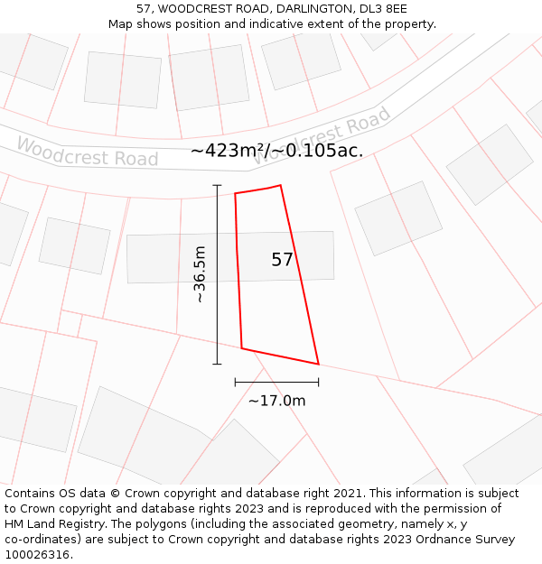 57, WOODCREST ROAD, DARLINGTON, DL3 8EE: Plot and title map