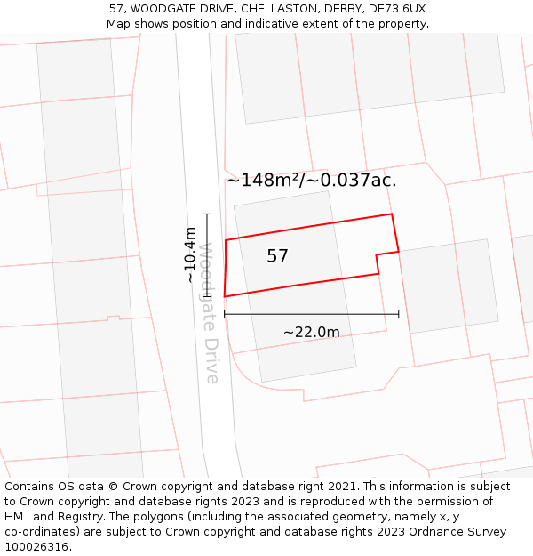 57, WOODGATE DRIVE, CHELLASTON, DERBY, DE73 6UX: Plot and title map