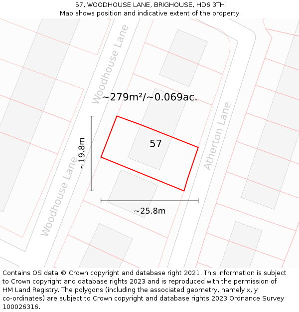 57, WOODHOUSE LANE, BRIGHOUSE, HD6 3TH: Plot and title map
