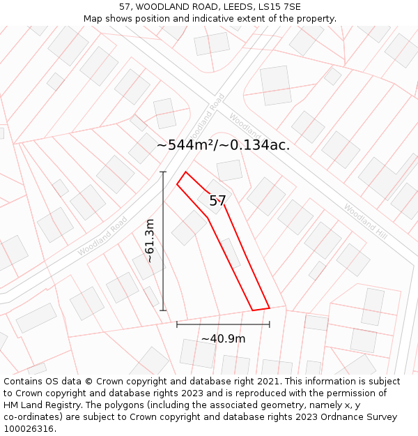 57, WOODLAND ROAD, LEEDS, LS15 7SE: Plot and title map