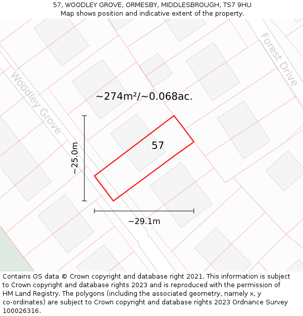 57, WOODLEY GROVE, ORMESBY, MIDDLESBROUGH, TS7 9HU: Plot and title map