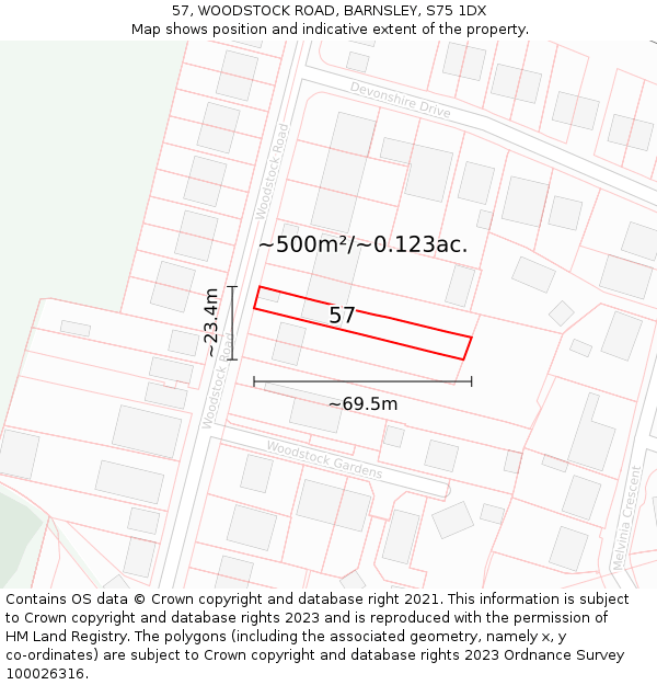 57, WOODSTOCK ROAD, BARNSLEY, S75 1DX: Plot and title map