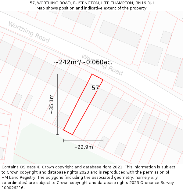 57, WORTHING ROAD, RUSTINGTON, LITTLEHAMPTON, BN16 3JU: Plot and title map