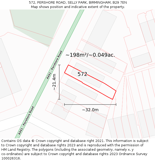 572, PERSHORE ROAD, SELLY PARK, BIRMINGHAM, B29 7EN: Plot and title map