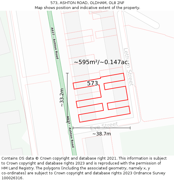 573, ASHTON ROAD, OLDHAM, OL8 2NF: Plot and title map