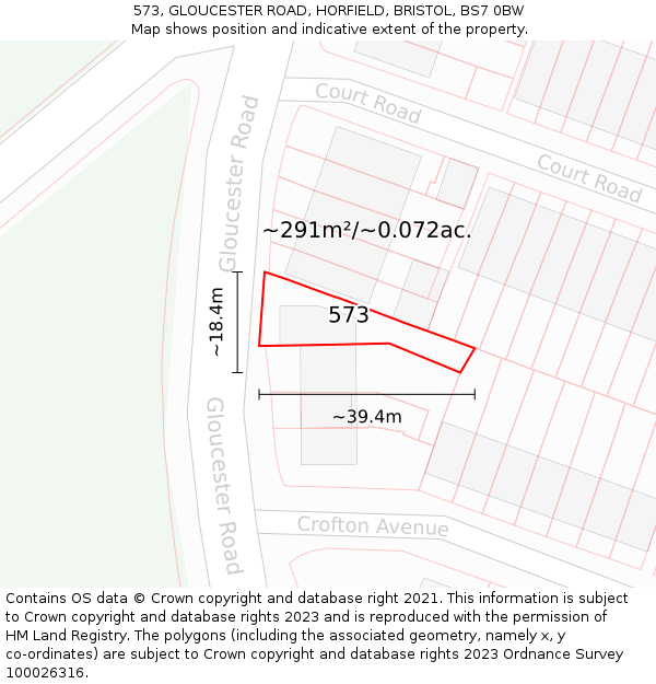 573, GLOUCESTER ROAD, HORFIELD, BRISTOL, BS7 0BW: Plot and title map