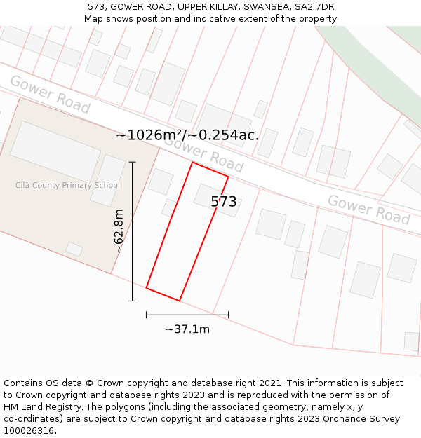 573, GOWER ROAD, UPPER KILLAY, SWANSEA, SA2 7DR: Plot and title map