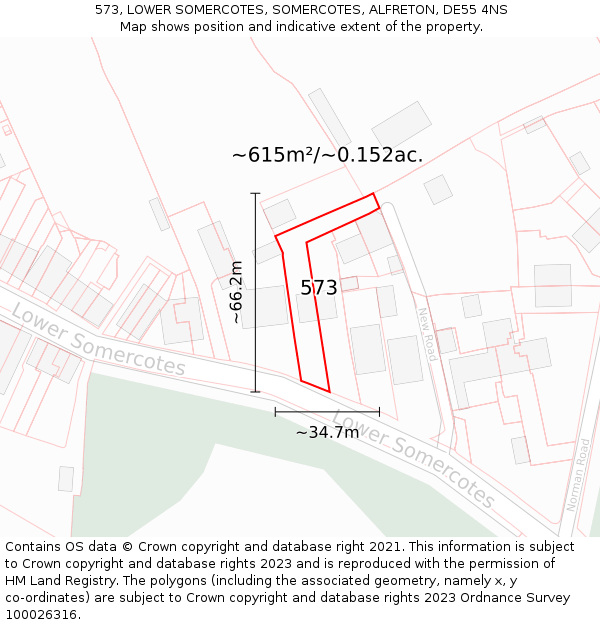 573, LOWER SOMERCOTES, SOMERCOTES, ALFRETON, DE55 4NS: Plot and title map