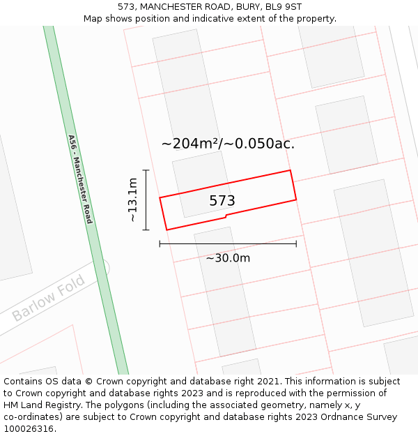 573, MANCHESTER ROAD, BURY, BL9 9ST: Plot and title map