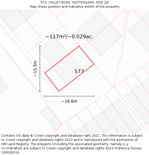 573, VALLEY ROAD, NOTTINGHAM, NG5 1JG: Plot and title map