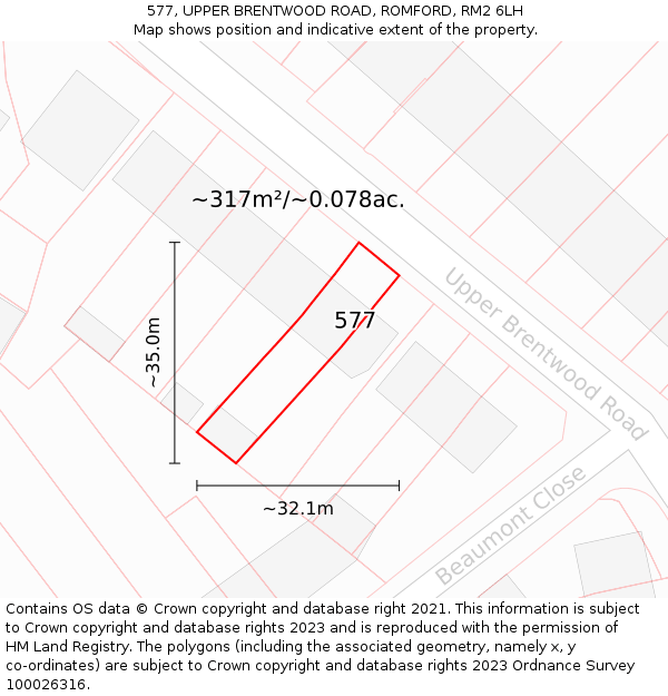 577, UPPER BRENTWOOD ROAD, ROMFORD, RM2 6LH: Plot and title map