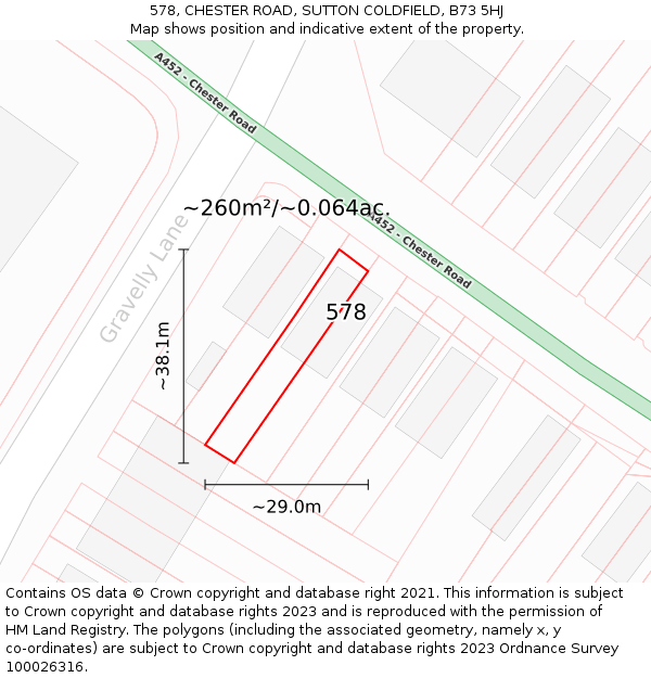 578, CHESTER ROAD, SUTTON COLDFIELD, B73 5HJ: Plot and title map