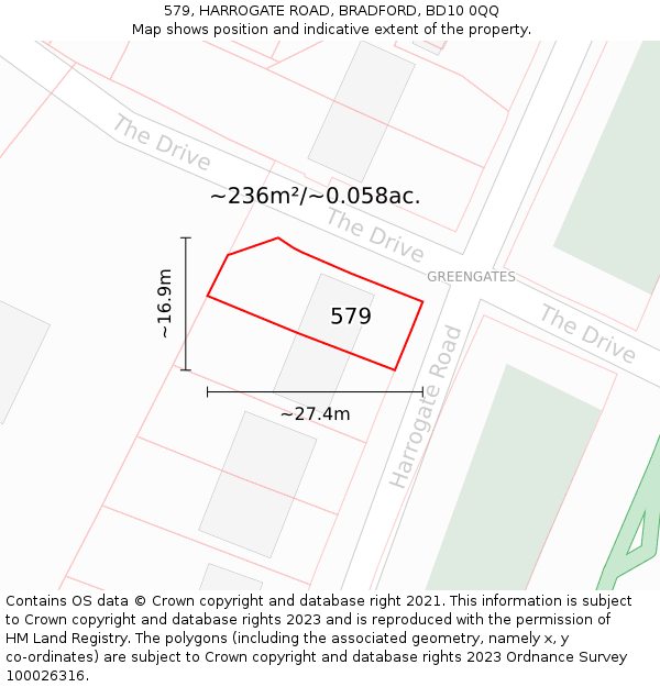 579, HARROGATE ROAD, BRADFORD, BD10 0QQ: Plot and title map