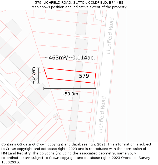 579, LICHFIELD ROAD, SUTTON COLDFIELD, B74 4EG: Plot and title map