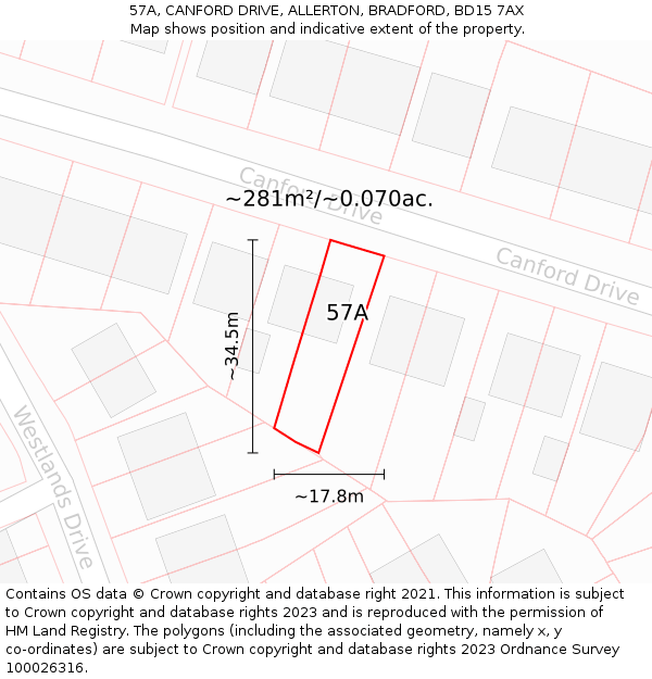 57A, CANFORD DRIVE, ALLERTON, BRADFORD, BD15 7AX: Plot and title map