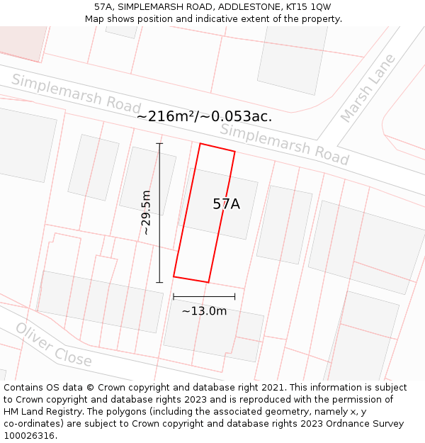 57A, SIMPLEMARSH ROAD, ADDLESTONE, KT15 1QW: Plot and title map