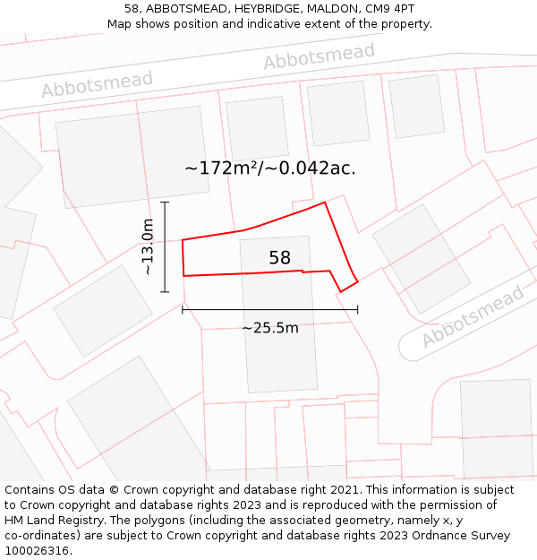 58, ABBOTSMEAD, HEYBRIDGE, MALDON, CM9 4PT: Plot and title map